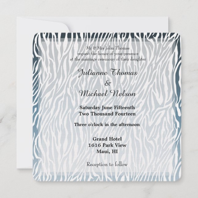 Wild Blue Zebra Print Wedding Invitation (Front)