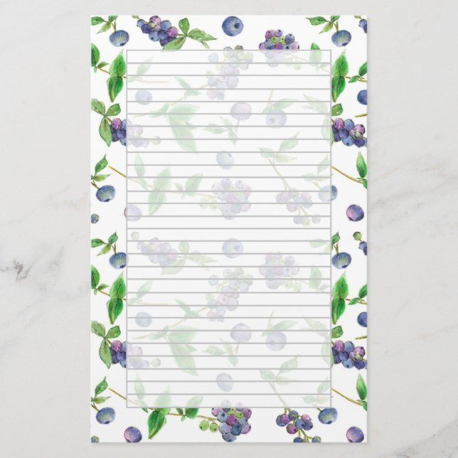 Wild Blueberries Watercolor Fruit Grey Lined Stationery (Front)