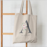 Wild Blush Botanical Floral Letter A Monogram Tote Bag<br><div class="desc">Elegant watercolor blush pink flowers and delicate garden greenery adorned on the letter "A" in slate gray,  monogram tote bag. Bag features a single template text line to personalize with name.</div>