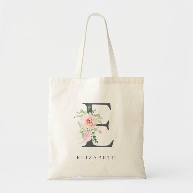 Wild Blush Botanical Floral Letter E Monogram Tote Bag (Front)