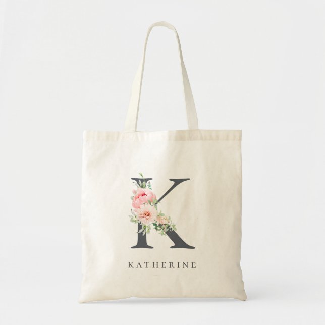 Wild Blush Botanical Floral Letter K Monogram Tote Bag (Front)