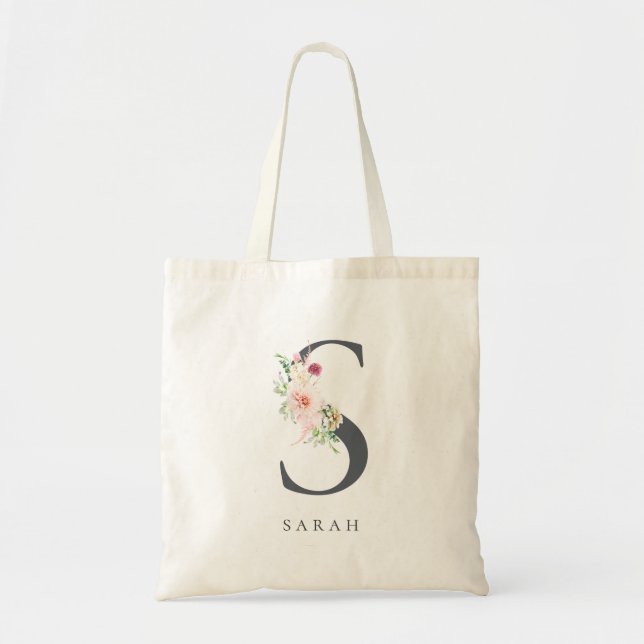 Wild Blush Botanical Floral Letter S Monogram Tote Bag (Front)