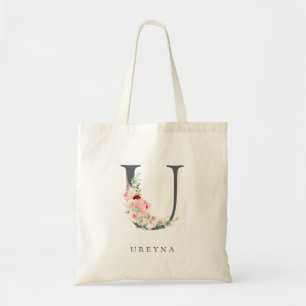 Wild Blush Botanical Floral Letter U Monogram Tote Bag