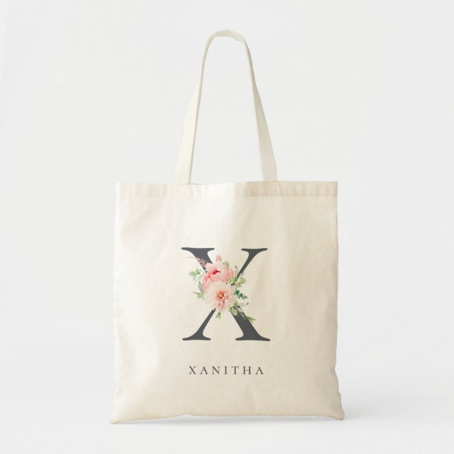 Wild Blush Botanical Floral Letter X Monogram Tote Bag (Front)