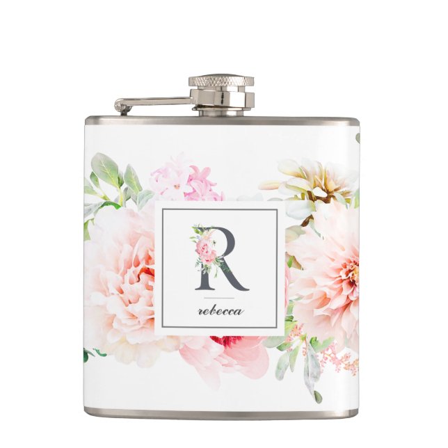 Wild Blush Botanical Letter R Monogram Hip Flask (Front)