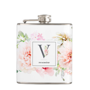 Wild Blush Botanical Letter V Monogram Hip Flask