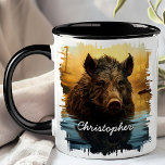Wild Boar by Forest Lake Mug<br><div class="desc">Enjoy your favourite beverage with the Wild Boar by Forest Lake Mug. This striking mug features a detailed image of a wild boar standing in a serene forest lake, with the golden hues of the surrounding trees reflected in the water. Customised with your name, it adds a personal and unique...</div>