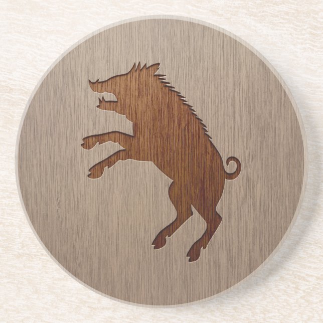 Wild boar engraved on wood design coaster (Front)