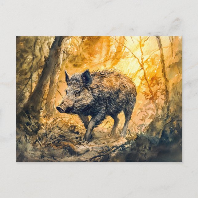 Wild boar in forest watercolor painting postcard (Front)