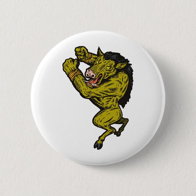 wild boar man fighting attacking 6 cm round badge (Front)