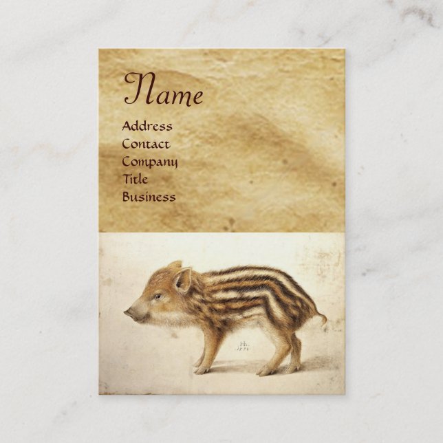 WILD BOAR PIGLET Animal Drawing Monogram Business Card (Front)