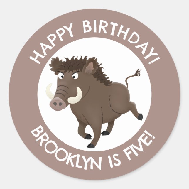 Wild boar razorback personalised cartoon birthday classic round sticker (Front)