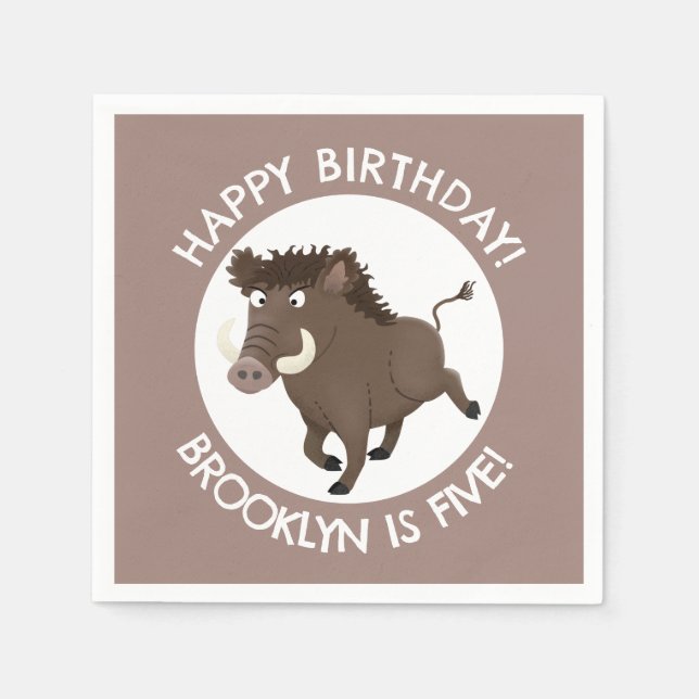 Wild boar razorback personalised cartoon birthday napkin (Front)
