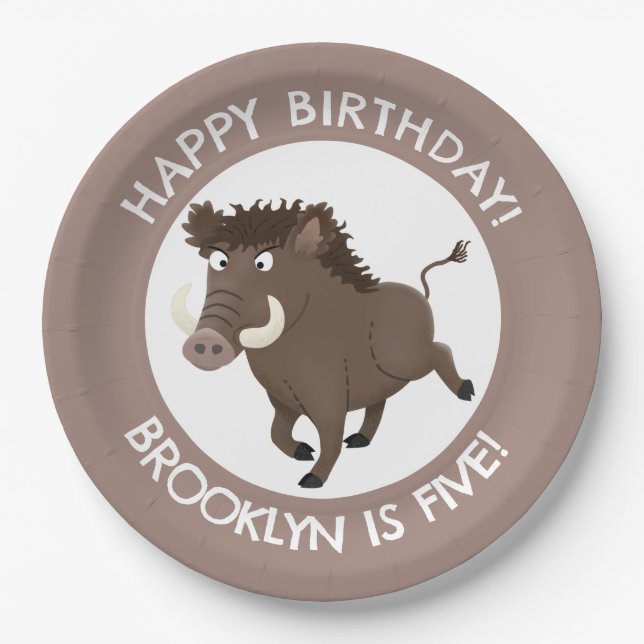 Wild boar razorback personalised cartoon birthday paper plate (Front)
