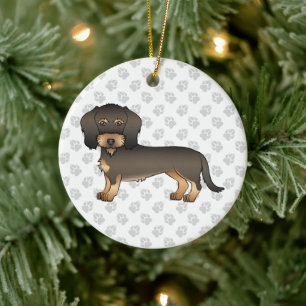 Wild Boar Wire Haired Dachshund Cartoon Dog & Paws Ceramic Tree Decoration