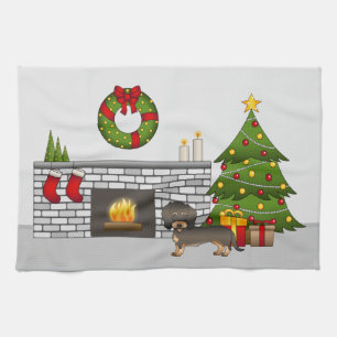 Wild Boar Wire Haired Dachshund - Christmas Room Tea Towel