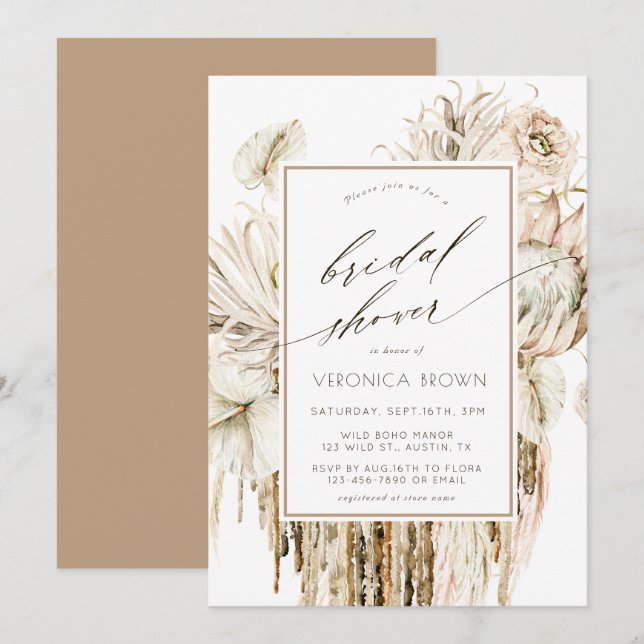 Wild Boho Protea Pampas Grass Floral Bridal Shower Invitation (Front/Back)