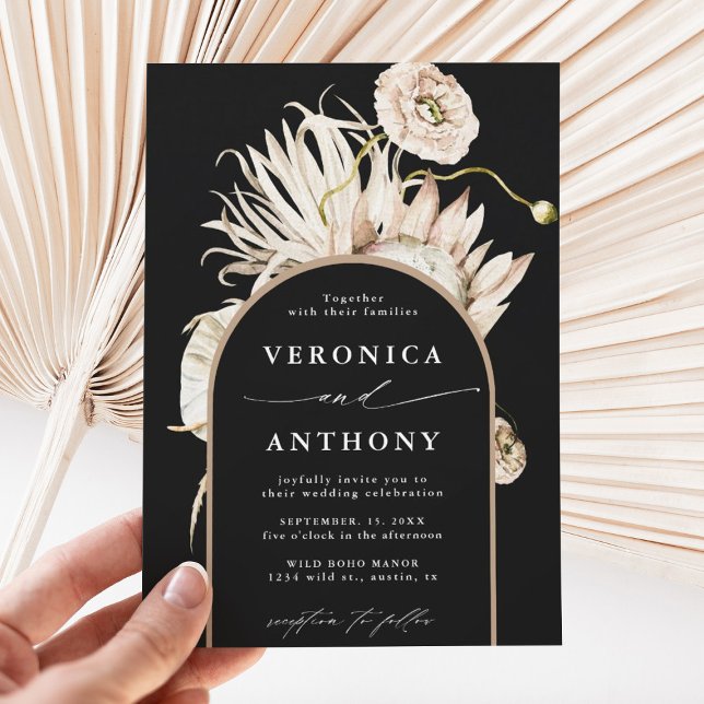 Wild Boho Protea Pampas Grass Floral Wedding Black Invitation (Creator Uploaded)