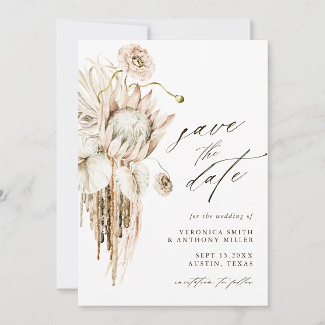 Wild Boho Protea Pampas Grass Floral Wedding Photo Save The Date (Front)