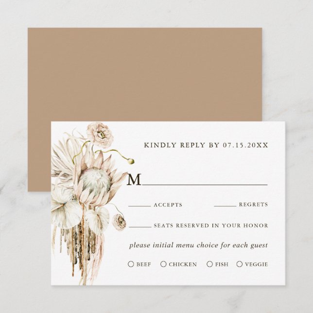 Wild Boho Protea Pampas Grass Floral Wedding RSVP  Card (Front/Back)