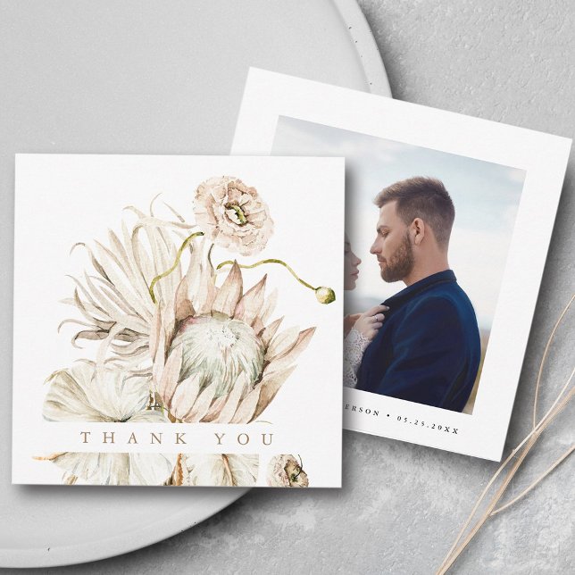 Wild Boho Protea Pampas Grass Wedding Square Photo Thank You Card (Front & Back)