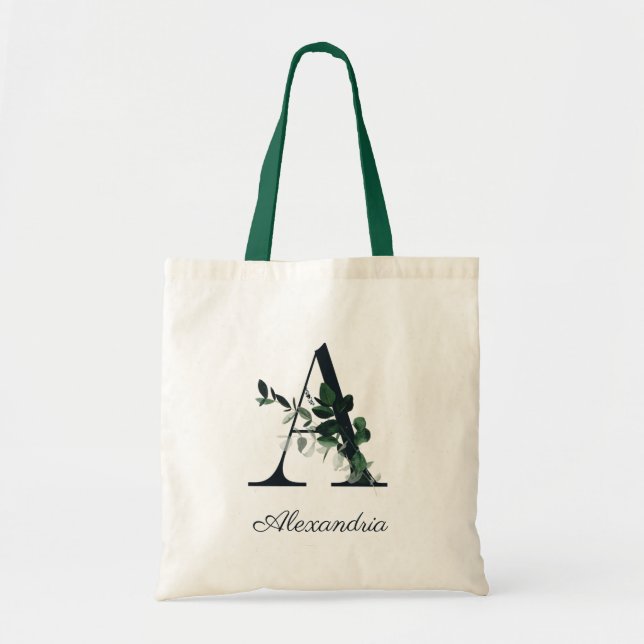 Wild Botanic Greenery Letter A Monogram Tote Bag (Front)