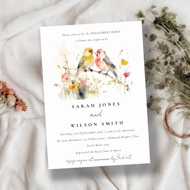 Wild Botanical Watercolor Love Birds Engagement Invitation (Creator Uploaded)