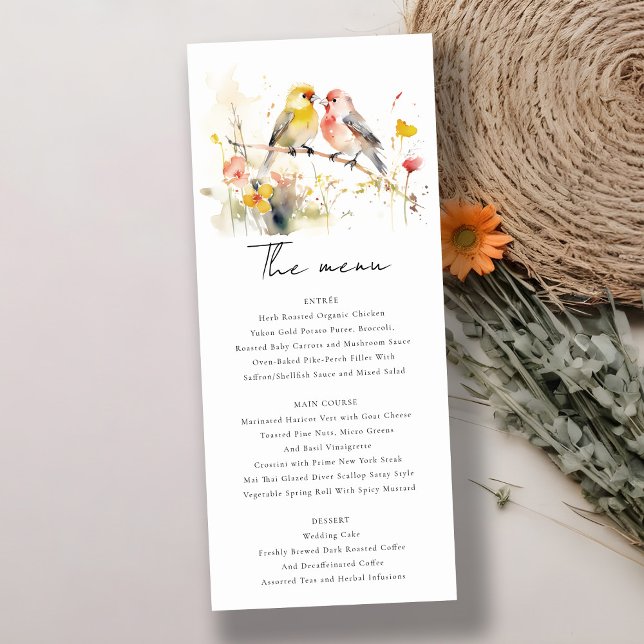Wild Botanical Watercolor Love Birds Wedding Menu Invitation (Creator Uploaded)