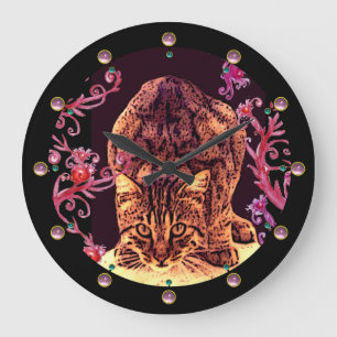 WILD CAT KITTEN , BLACK PINK RED FLORAL SWIRLS LARGE CLOCK