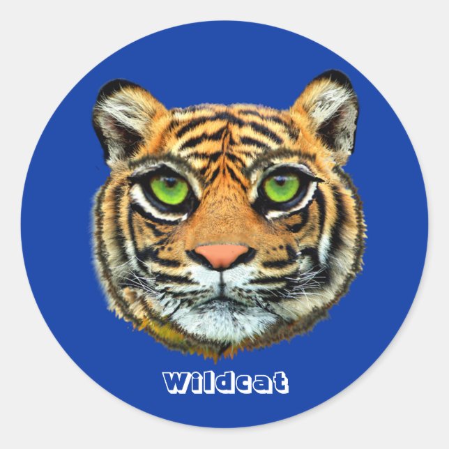 Wild Cat on Blue Classic Round Sticker (Front)