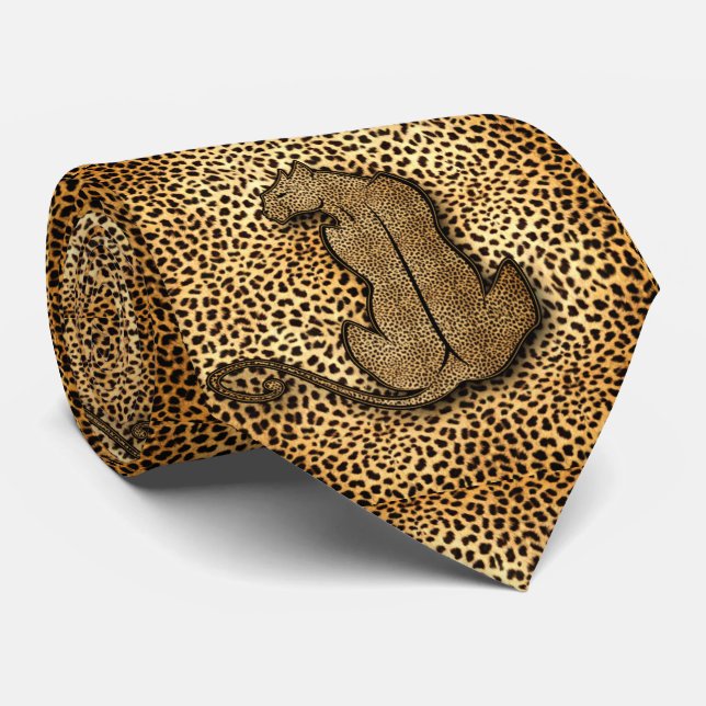 Wild Cheetah Ilustration on Animal Print Golden Tie (Rolled)