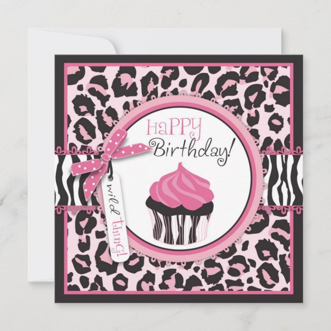 Wild Cheetah Print & Cupcake Birthday Card (Front)