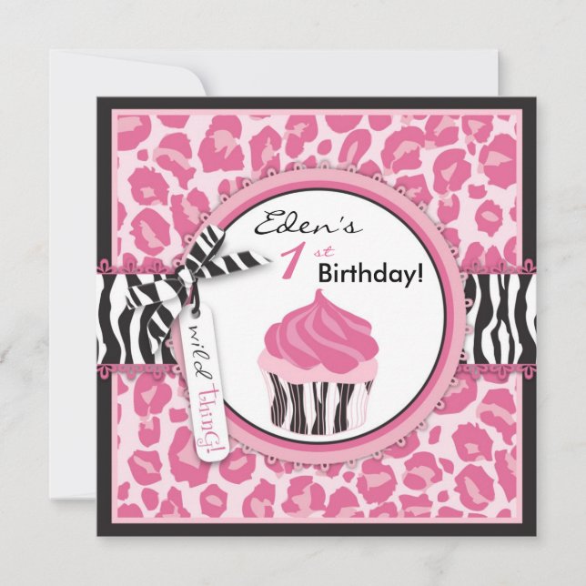 Wild Cheetah Print & Cupcake Pink Birthday Invitation (Front)