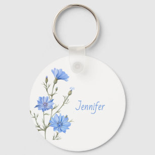 Wild Chicory Flower Botanical Custom Name Key Ring
