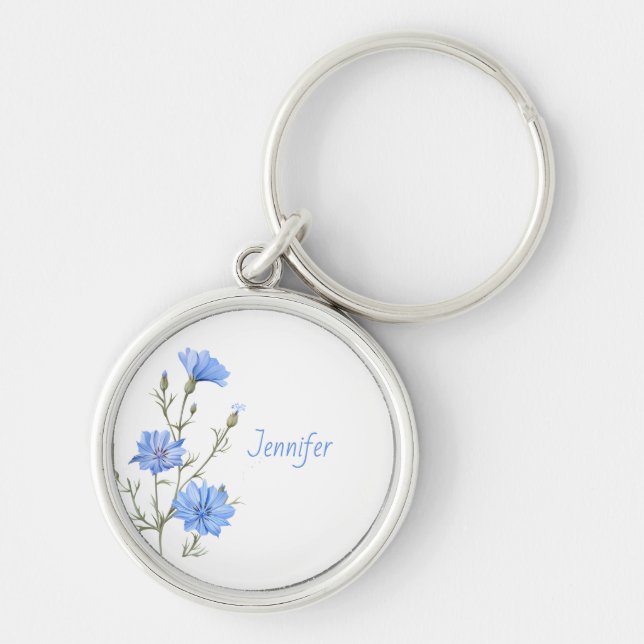 Wild Chicory Flower Botanical Custom Name Key Ring (Front)