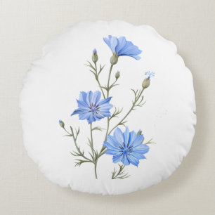 Wild Chicory Flower Botanical Watercolor Art Round Cushion