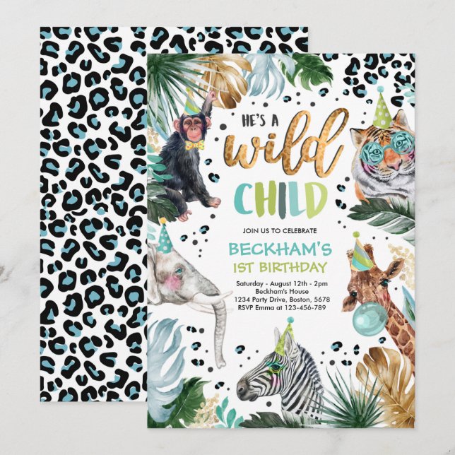 Wild Child Boy Safari Animals Birthday Party Invitation (Front/Back)