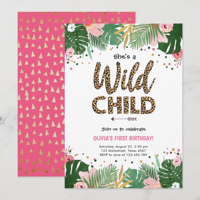 Wild Child Safari Leopard Girl Birthday Invitation (Front/Back)