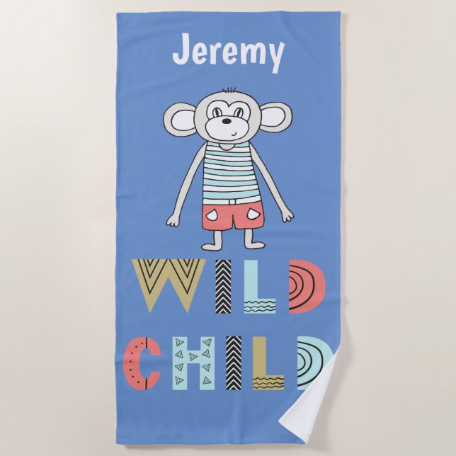 Wild Child Scandia Monkey Personalised Beach Towel (Front)