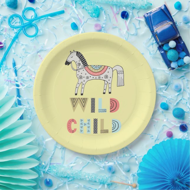 Wild Child Scandinavian Horse Pastel Yellow   Paper Plate (Party)