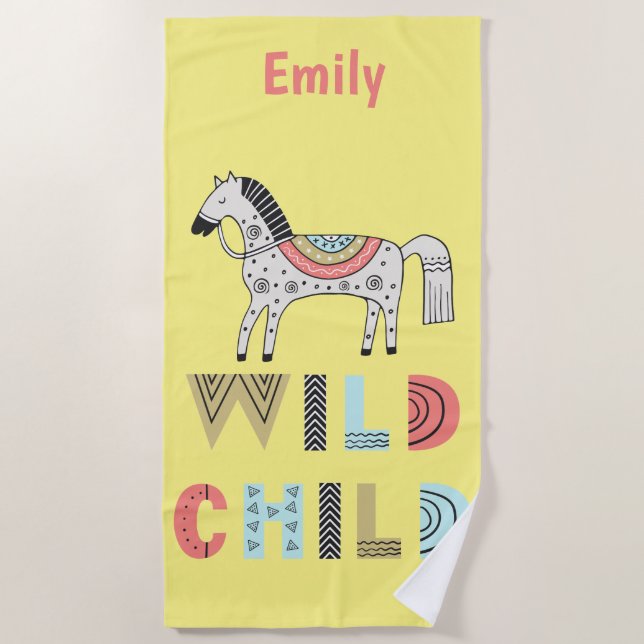 Wild Child Scandinavian Horse Personalised  Beach Towel (Front)