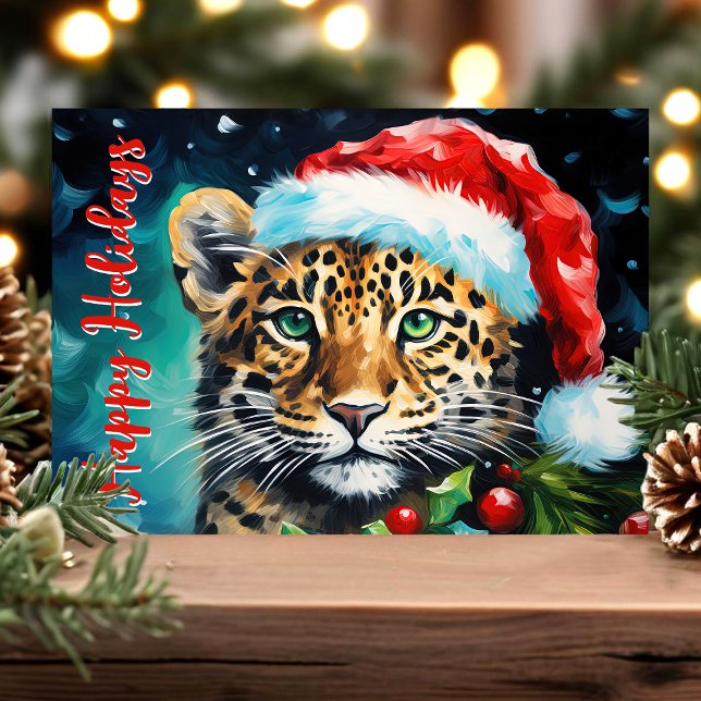 Wild Christmas Wishes Santa Hat Cheetah Cat Holiday Card (Creator Uploaded)