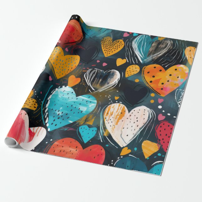 Wild, Colourful Heart Wrapping Paper (Unrolled)