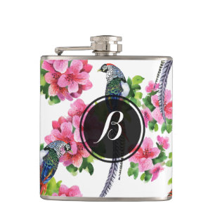 Wild Colourful Pheasant Birds & Flowers Pattern Hip Flask