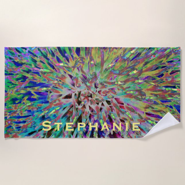 Wild Colours Purple Blue Abstract with Yellow Name Beach Towel (Front)