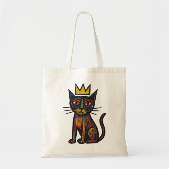 Wild Crown Cat Graphic Tee – Hand-Drawn Abstract C Tote Bag (Front)