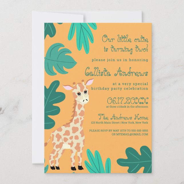 Wild Cute Green Orange Giraffe Leaves Birthday Invitation (Front)