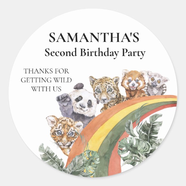Wild Cute Jungle Animals Rainbow Birthday Favour Classic Round Sticker (Front)