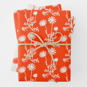 Wild Daisies Floral Botanical Patterns Orange Wrapping Paper Sheet