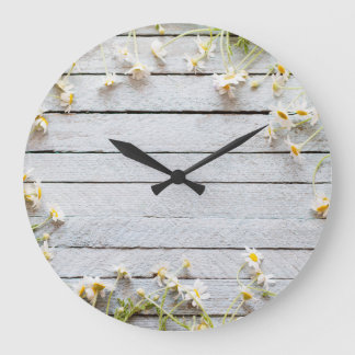 Wild Daisies: Light Wooden Background. Large Clock